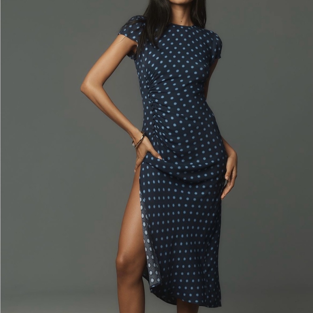 Reformation Frasier Navy Polka Dot Dress with Side Slit